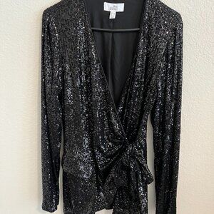 Badgley Mischka Women's Sequin Self Tie Jacket Black Formal Holiday Luxury Sz 12